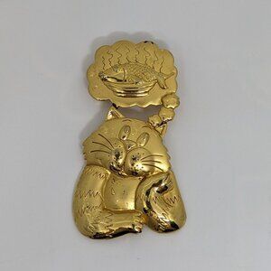 Vintage JJ Gold-Tone Cat Brooch With Fish Thought Bubble Pin Dreaming of Dinner